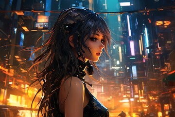 Fototapeta na wymiar Tech-Elegance Fusion: An Anime Girl's Thrive in the Cyberpunk City