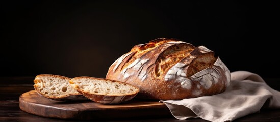 Freshly baked artisan sourdough bread, sliced and placed on a black background with copy space available - obrazy, fototapety, plakaty