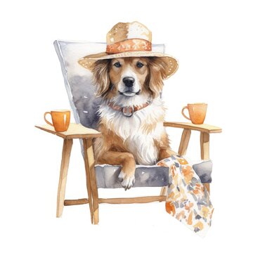 Watercolor illustration of  a charming watercolor painting capturing a dog's calm demeanor in a cozy chair