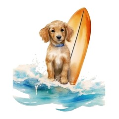 Watercolor illustration of  a dog surfing on a surfboard in the water