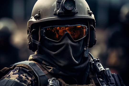 Modern army special forces equipped soldier, anti terrorist squad fighter
