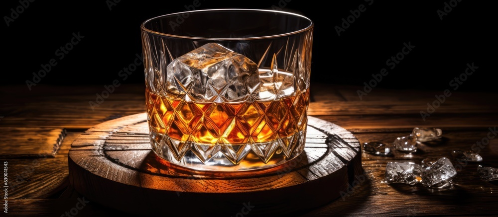 Poster a glass containing whiskey accompanied by ice cubes rests on an aged barrel in the backdrop. the woo