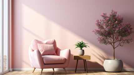 Living room interior wall mockup in warm tones with pink armchair, minimal design