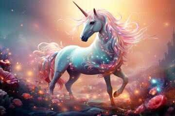 Obraz na płótnie Canvas Illustration of a majestic unicorn in a vibrant field of flowers created with Generative AI technology