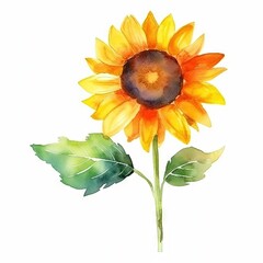 Watercolor illustration of a vibrant sunflower painting with lush green leaves