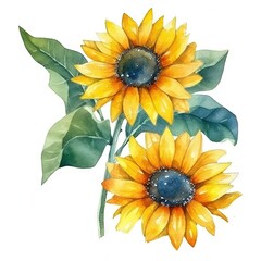 Watercolor illustration of two vibrant sunflowers with lush green leaves in a captivating painting