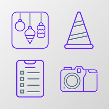 Set line Photo camera, New year goals list, Party hat and Christmas lights icon. Vector