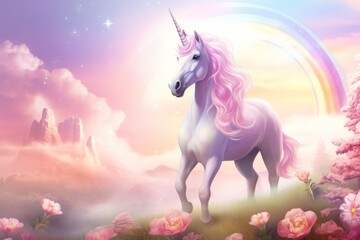 Illustration of a majestic unicorn surrounded by colorful flowers and a vibrant rainbow created with Generative AI technology