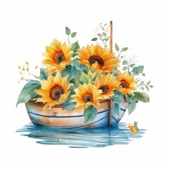 Watercolor illustration of a vibrant painting of a boat filled with blooming sunflowers