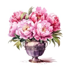 Watercolor illustration of a vibrant bouquet of pink flowers in a beautifully painted vase