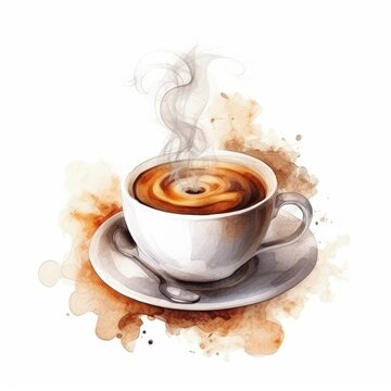 Watercolor illustration of a steaming cup of freshly brewed coffee