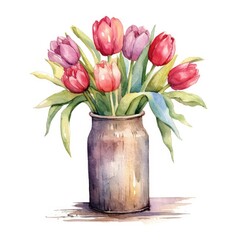 Watercolor illustration of a still life painting of a vase filled with colorful flowers