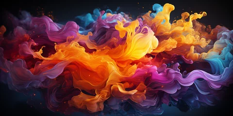 Foto op Canvas A vivid paint splash swirling, mix of colors as two chemicals reaction © Umi Sakina