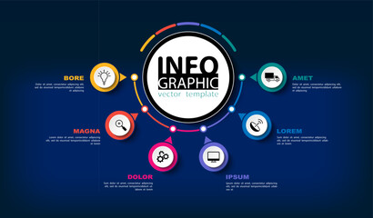 Infographics design and marketing icons, vector, circles. Сan be used to create workflows, diagram of annual reports, web design of presentations.Business concept with 6 options, process steps, colors