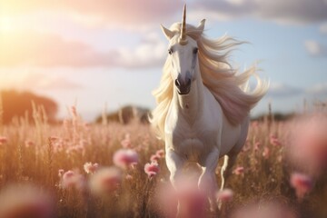 Illustration of a majestic white unicorn galloping through a vibrant field of blooming flowers created with Generative AI technology