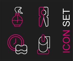 Set line Toilet paper roll, Washing dishes, Clothes pin and Water spray bottle icon. Vector