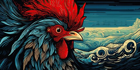 AI Generated. AI Generative. Engraving woodcut linocut draw paint sketch watercolor ink rooster illustration canvas. Can be used like poster.