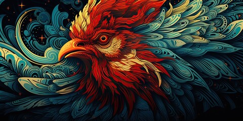 Fototapeta premium AI Generated. AI Generative. Engraving woodcut linocut draw paint sketch watercolor ink rooster illustration canvas. Can be used like poster.