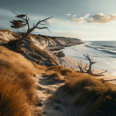 A cinematic special angle shot of a Coastal Landscape, depicting the natural beauty of coastlines with sand dunes, seaside plants, and coastal elements like driftwood