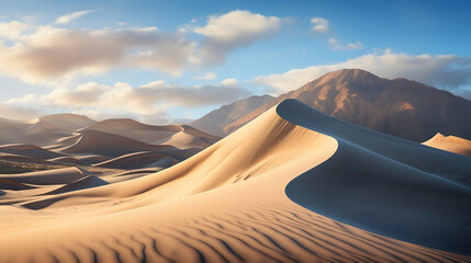 A majestic special angle shot of a Dune Landscape, highlighting the beauty of sandy dunes with sand formations