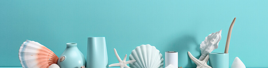 Summer objects banner on soft blue background