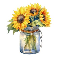 Watercolor illustration of beautiful sunflowers in a rustic mason jar