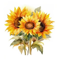 Watercolor illustration of a vibrant sunflower in a watercolor painting on a clean white background