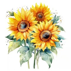 Watercolor illustration of three sunflowers with green leaves