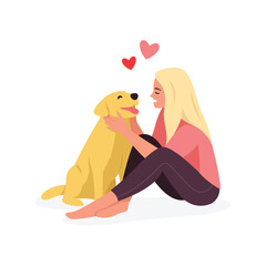 Obraz na płótnie Canvas cute girl playing with dog. Flat character. Vector illustration
