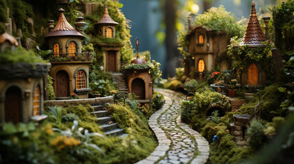 Fototapeta premium A whimsical and enchanting special angle shot of a Fairy Garden Landscape, creating a magical atmosphere with miniature plants, tiny houses, and other enchanting elements