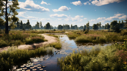 Fototapeta premium An immersive special angle shot of a Prairie Wetland Landscape, incorporating wetland plants, boardwalks, and aquatic features to mimic the beauty of prairie wetlands