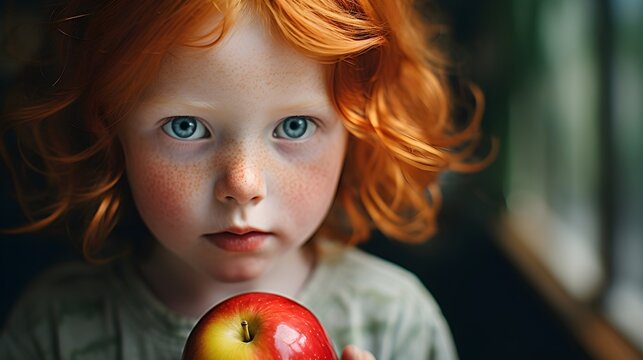 Portrait Of A Ginger Kid Holding Red Apple, Close Up