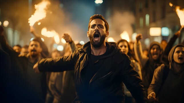The young protester guy shouts something in a crowd demonstration