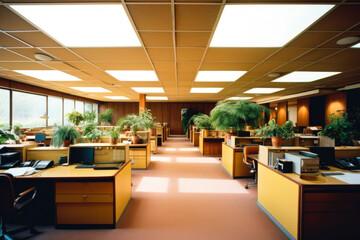 1970s styled office interior. Vintage computers and desks, lots of plants. Nobody.