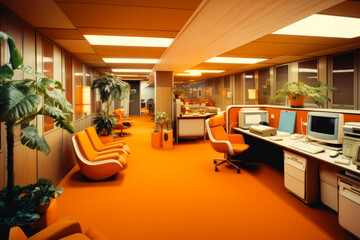 1970s or 1980s styled office interior. Vintage computers and desks, lots of plants. Nobody. - obrazy, fototapety, plakaty