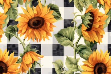 A vibrant sunflower painting on a classic checkered backdrop