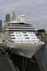 View onto ultra luxury all inclusive white Regent cruiseship cruise ship liner Explorer in port of...
