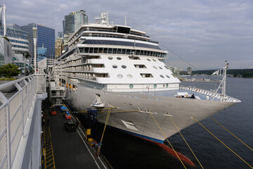 View onto ultra luxury all inclusive white Regent cruiseship cruise ship liner Explorer in port of...