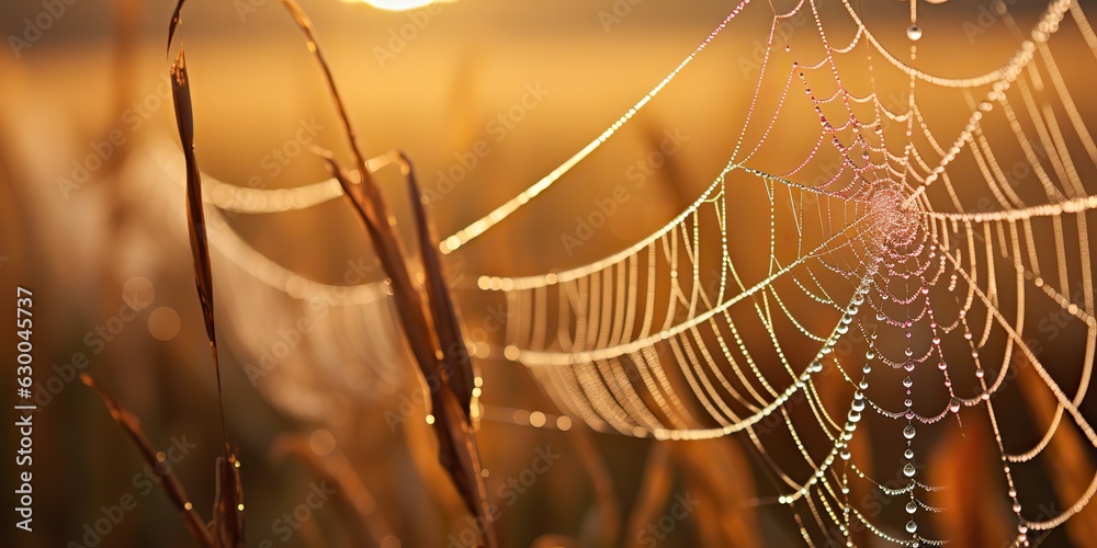Poster ai generated. ai generative. sunshine spoderweb spider web at field meadow hay grass. nature outdoor