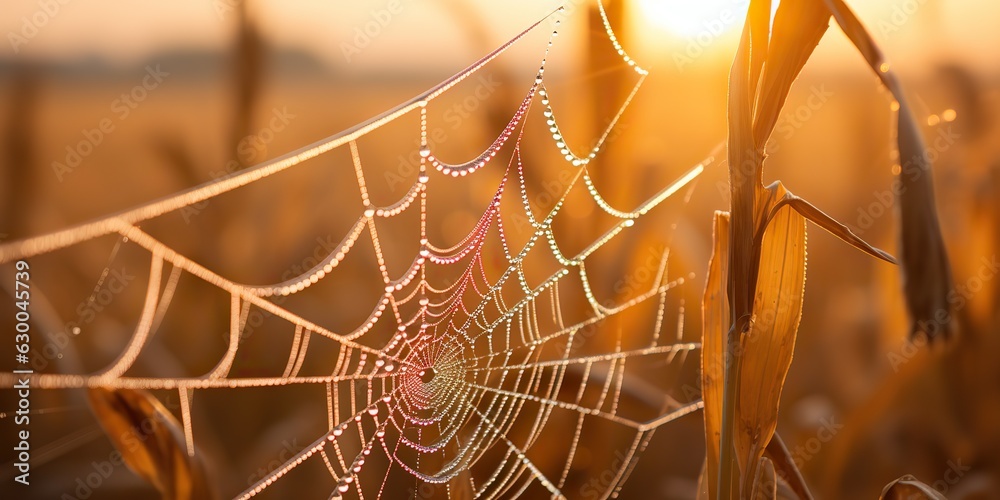 Wall mural ai generated. ai generative. sunshine spoderweb spider web at field meadow hay grass. nature outdoor
