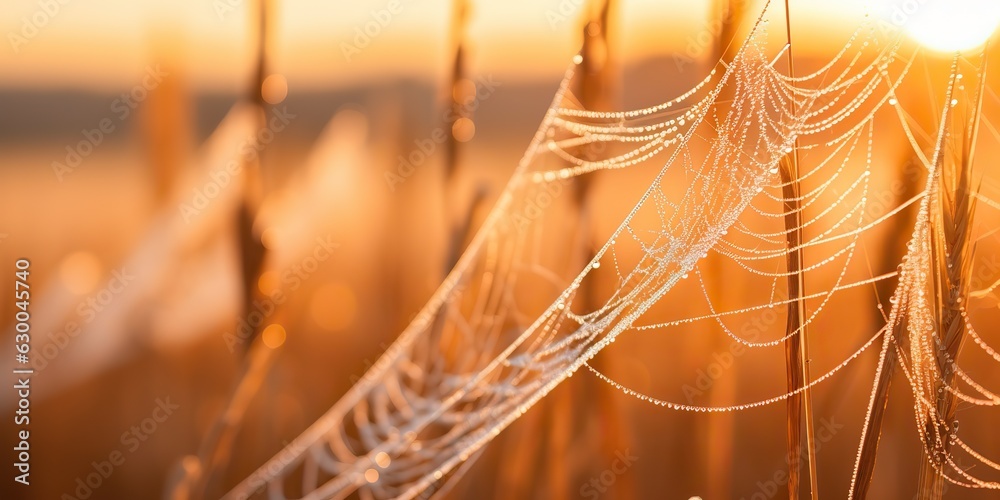 Poster ai generated. ai generative. sunshine spoderweb spider web at field meadow hay grass. nature outdoor