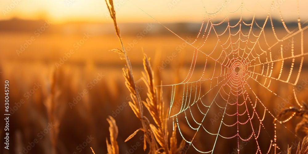 Canvas Prints ai generated. ai generative. sunshine spoderweb spider web at field meadow hay grass. nature outdoor