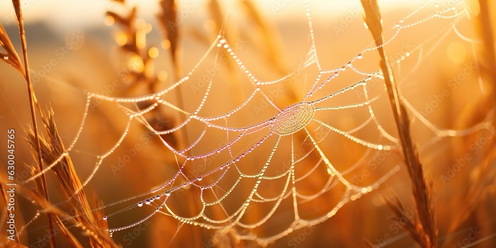 Poster ai generated. ai generative. sunshine spoderweb spider web at field meadow hay grass. nature outdoor