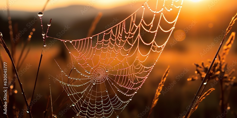 Poster ai generated. ai generative. sunshine spoderweb spider web at field meadow hay grass. nature outdoor