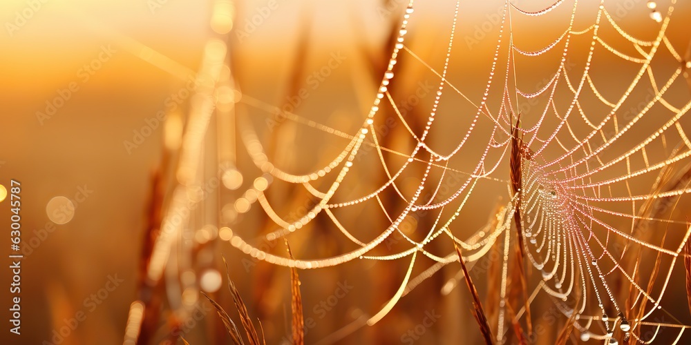 Poster ai generated. ai generative. sunshine spoderweb spider web at field meadow hay grass. nature outdoor