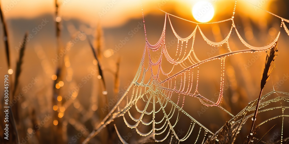 Poster ai generated. ai generative. sunshine spoderweb spider web at field meadow hay grass. nature outdoor