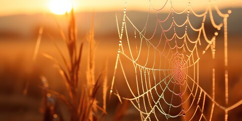 AI Generated. AI Generative. Sunshine spoderweb spider web at field meadow hay grass. Nature outdoor wildlife. Graphic Art