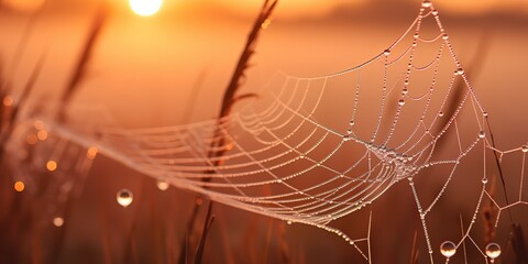 AI Generated. AI Generative. Sunshine spoderweb spider web at field meadow hay grass. Nature outdoor wildlife. Graphic Art