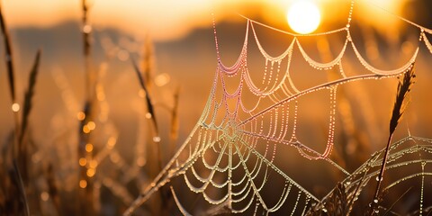 AI Generated. AI Generative. Sunshine spoderweb spider web at field meadow hay grass. Nature outdoor wildlife. Graphic Art