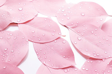 Pink leaves with drops of water, isolated white background